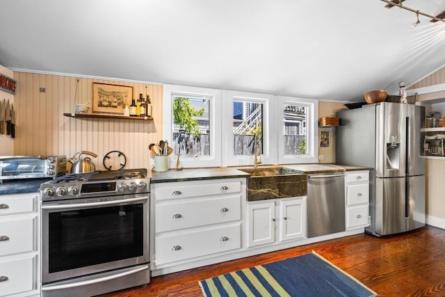 kitchen featuring lofted ceiling, sink, dark wood-type flooring, and stainless steel appliances