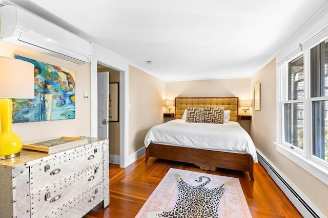 bedroom featuring a baseboard radiator, ornamental molding, a wall mounted air conditioner, and dark parquet floors