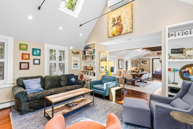 living room featuring built in features, a skylight, high vaulted ceiling, a wall mounted AC, and wood-type flooring