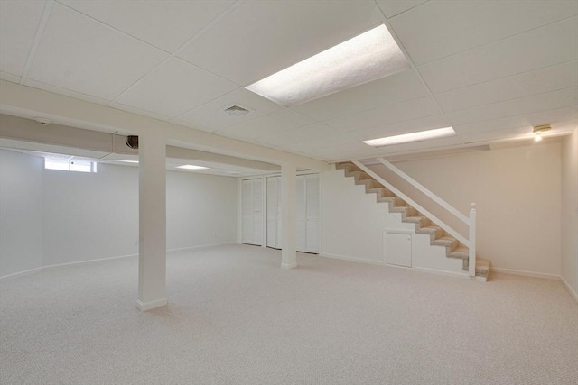 17 Indian Dawn Unit 17, Wayland, MA 01778 - basement with stairway, carpet flooring, and a paneled ceiling