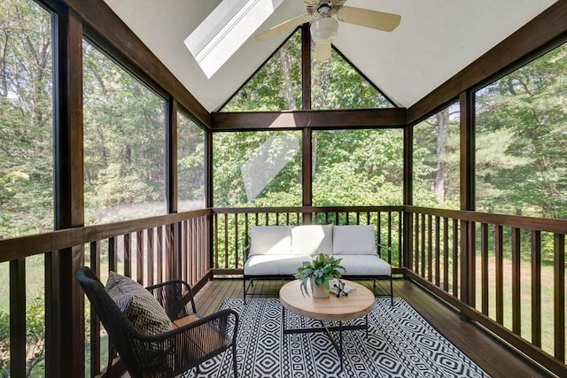 17 Indian Dawn Unit 17, Wayland, MA 01778 - sunroom / solarium featuring a ceiling fan, lofted ceiling, an outdoor living space, and a skylight