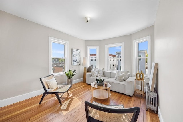 living area with light wood-style floors and baseboards