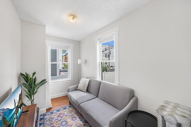 sitting room featuring wood finished floors, a textured ceiling, and baseboards