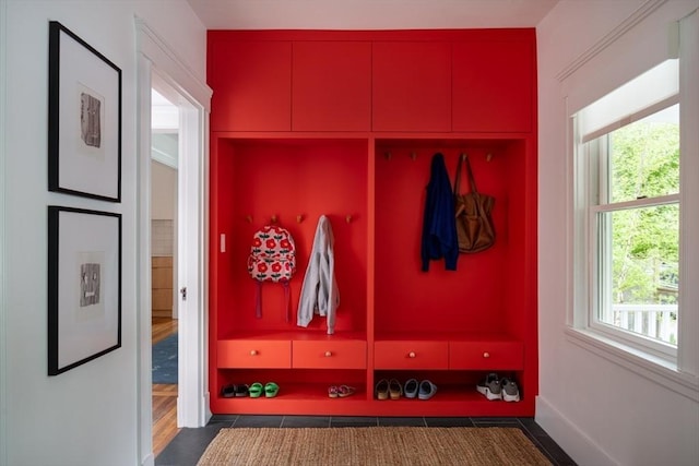 141 Fayerweather St, Cambridge, MA 02138 - mudroom featuring healthy amount of natural light, tile patterned floors, and baseboards