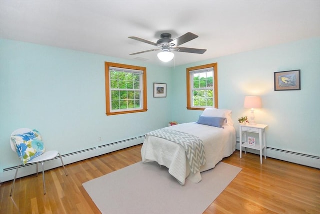 95 Bayberry Rd, Concord, MA 01742 - bedroom featuring a baseboard heating unit, wood finished floors, and a ceiling fan