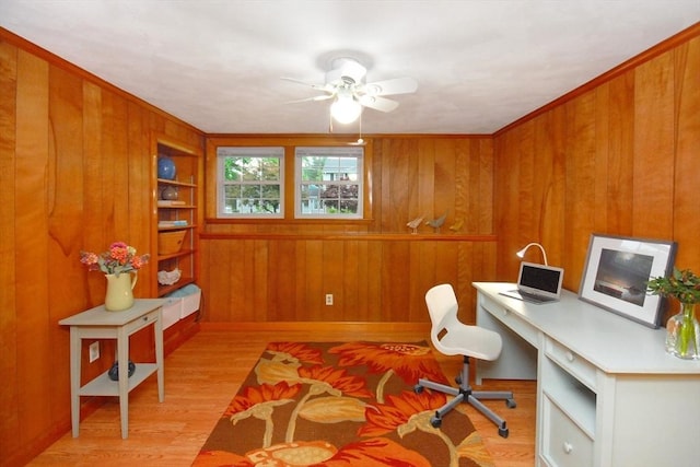 95 Bayberry Rd, Concord, MA 01742 - office with light wood-style floors, wood walls, ceiling fan, and built in features