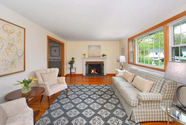 95 Bayberry Rd, Concord, MA 01742 - living room with wood finished floors, a fireplace, and baseboards