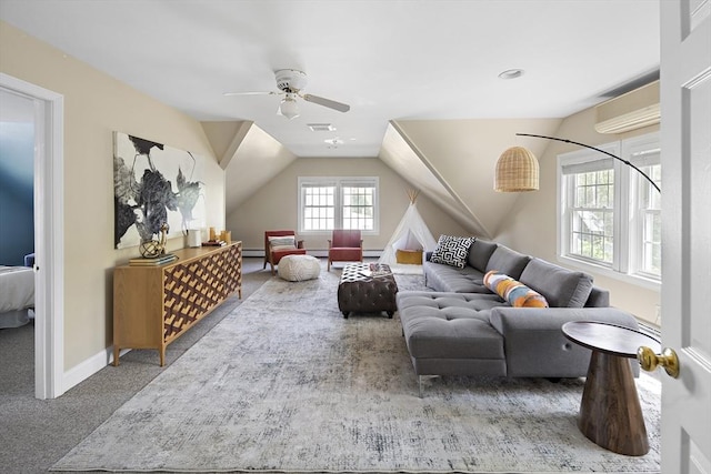 living room with baseboards, carpet flooring, visible vents, ceiling fan, and vaulted ceiling