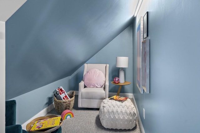 rec room featuring lofted ceiling, carpet flooring, and baseboards