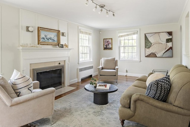 living room with baseboards, radiator, a fireplace with flush hearth, and wood finished floors