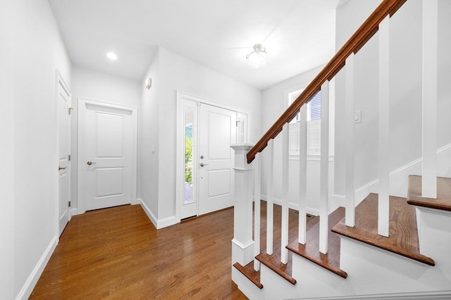 14 Dorset Park Ln, Weymouth, MA 02190 - entryway with stairway, wood finished floors, recessed lighting, and baseboards