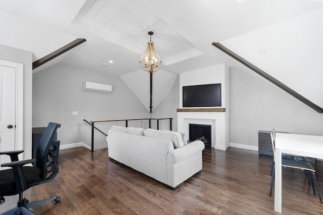 14 Dorset Park Ln, Weymouth, MA 02190 - office area with a wall mounted AC, a chandelier, dark wood-style floors, baseboards, and vaulted ceiling