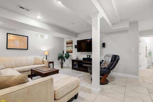 living room featuring recessed lighting, light tile patterned floors, baseboards, and visible vents