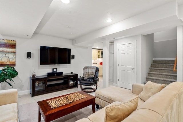 living room featuring stairs, light tile patterned flooring, recessed lighting, and baseboards