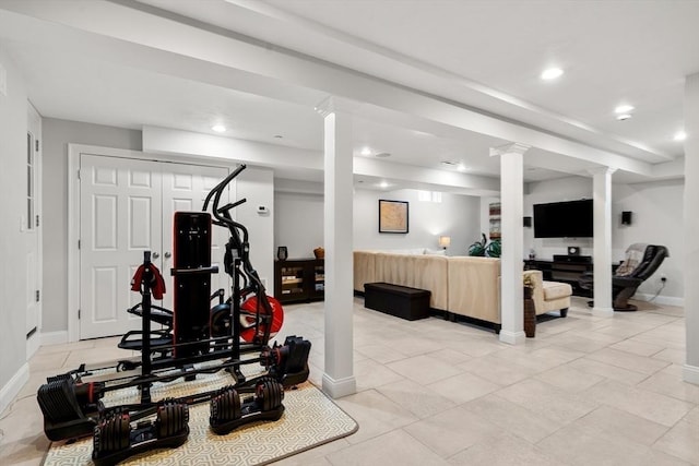 workout area with light tile patterned flooring, recessed lighting, and baseboards