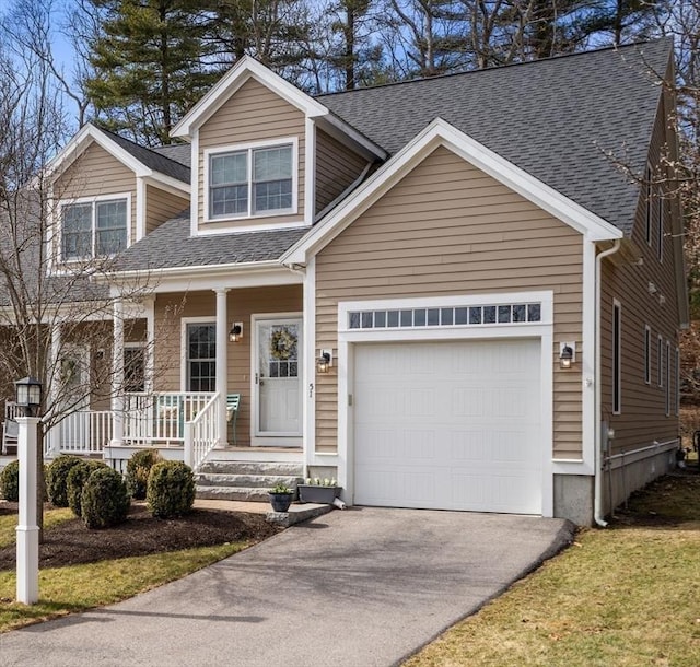 view of front of house with a garage, covered porch, driveway, and a shingled roof