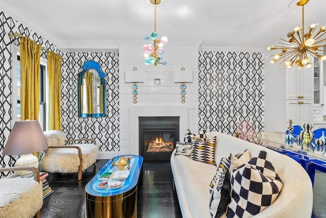 11 Beckler Ave, Boston, MA 02127 - living room with a chandelier, ornamental molding, wood finished floors, and a large fireplace