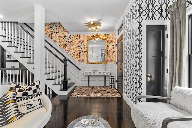 11 Beckler Ave, Boston, MA 02127 - entryway featuring wallpapered walls, stairway, wood finished floors, ornamental molding, and a decorative wall