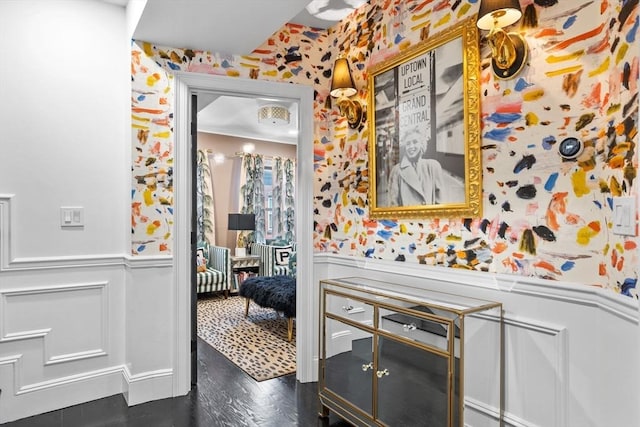 11 Beckler Ave, Boston, MA 02127 - bar with wallpapered walls, wainscoting, a decorative wall, and dark wood-style floors