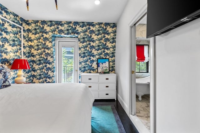 11 Beckler Ave, Boston, MA 02127 - bedroom with wallpapered walls, dark marble finish floors, and access to exterior