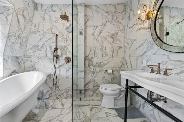 11 Beckler Ave, Boston, MA 02127 - full bathroom featuring tile walls, a freestanding bath, marble tiled floors, and a walk in shower