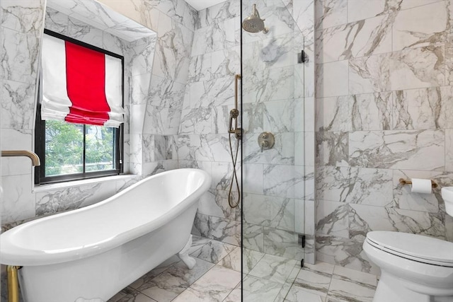 11 Beckler Ave, Boston, MA 02127 - full bath with tile walls, marble tiled floors, a freestanding bath, and walk in shower