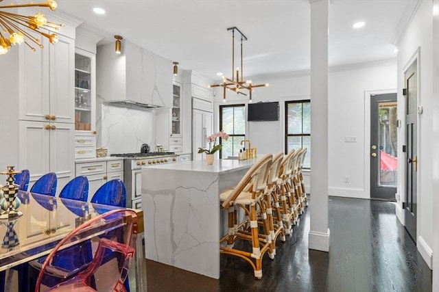 11 Beckler Ave, Boston, MA 02127 - kitchen with custom exhaust hood, a chandelier, premium appliances, recessed lighting, and crown molding