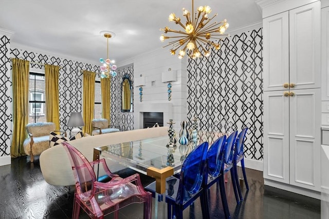 11 Beckler Ave, Boston, MA 02127 - dining area featuring crown molding, a chandelier, dark wood finished floors, wallpapered walls, and a fireplace