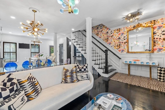11 Beckler Ave, Boston, MA 02127 - living room featuring a chandelier, wood finished floors, stairs, wainscoting, and recessed lighting