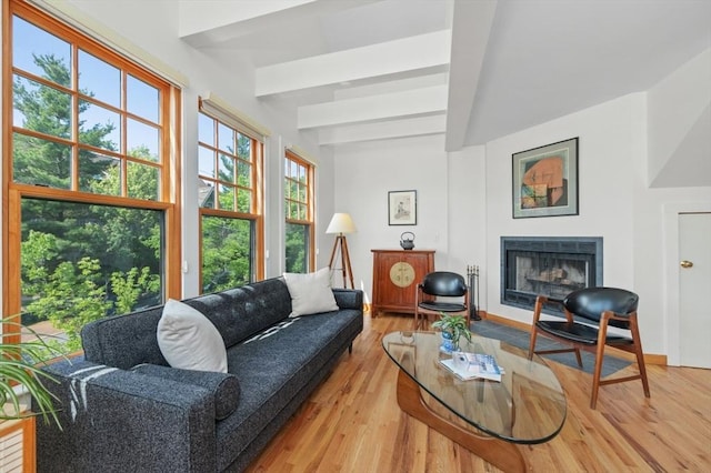 15-19 Mount Vernon St Unit 4, Cambridge, MA 02140 - living area with light wood finished floors, a fireplace, and beam ceiling