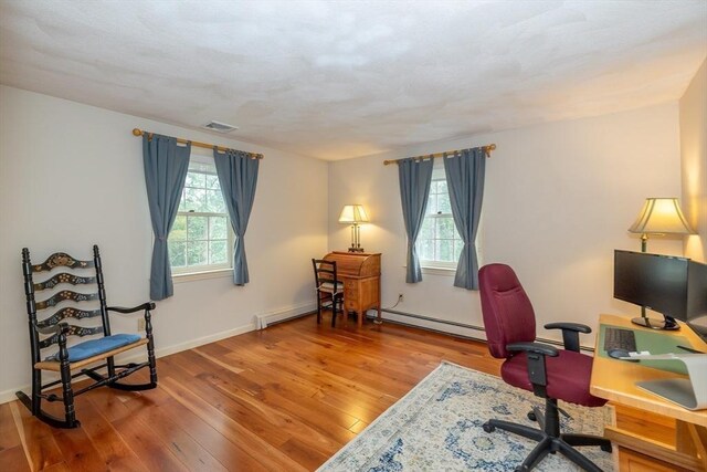 759 Main St, Boxford, MA 01921 - office area featuring wood-type flooring and a baseboard radiator