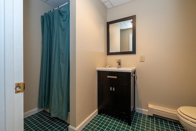 759 Main St, Boxford, MA 01921 - full bath with baseboard heating, vanity, a shower with curtain, and tile patterned floors