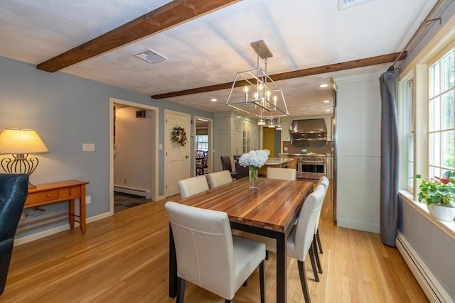 759 Main St, Boxford, MA 01921 - dining room featuring a baseboard radiator, beam ceiling, light wood-style floors, a chandelier, and recessed lighting