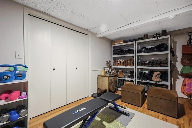 workout area featuring light hardwood / wood-style floors and a drop ceiling