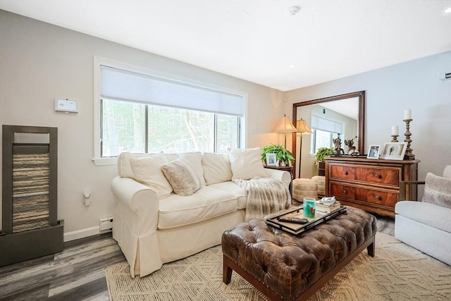 living room featuring hardwood / wood-style flooring and a baseboard heating unit