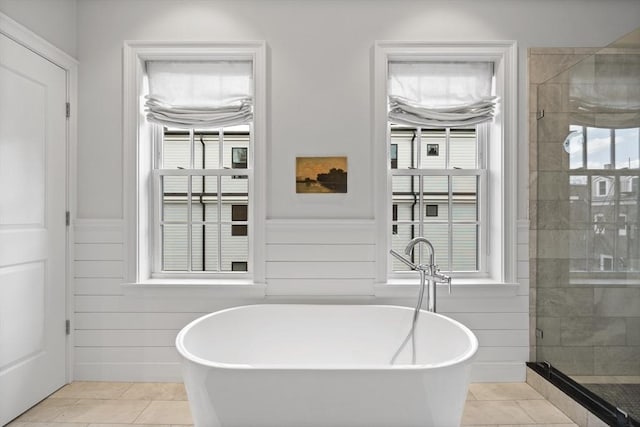 795 E 4th St, Boston, MA 02127 - bathroom featuring plenty of natural light, a freestanding tub, a stall shower, and a wainscoted wall
