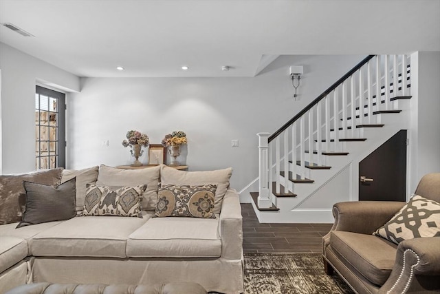 795 E 4th St, Boston, MA 02127 - living area featuring wood tiled floors, stairway, recessed lighting, and baseboards