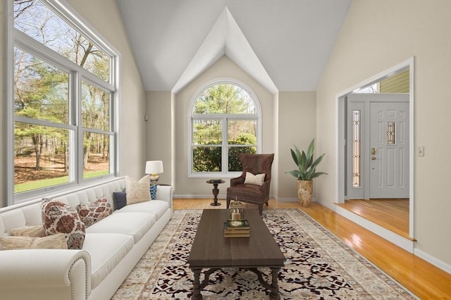 interior space with baseboards, wood finished floors, and vaulted ceiling
