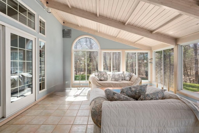sunroom / solarium featuring wood ceiling, plenty of natural light, and lofted ceiling with beams
