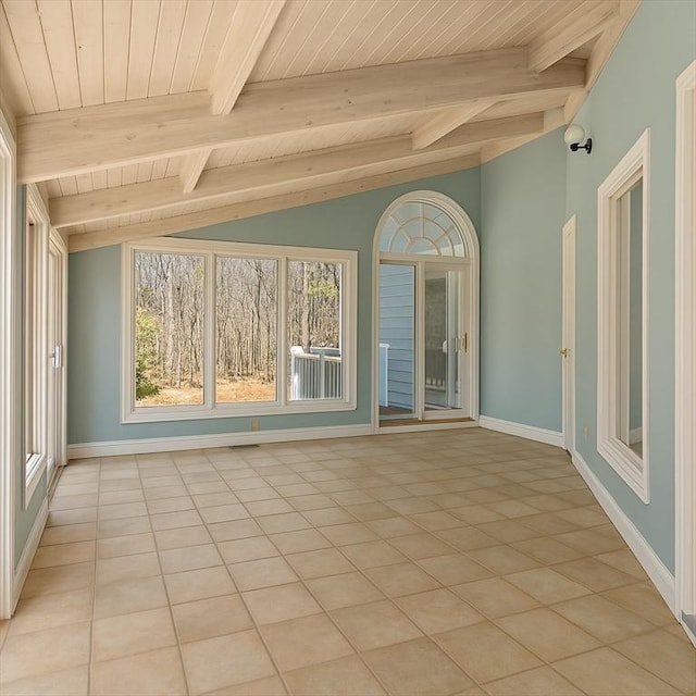 unfurnished sunroom featuring beamed ceiling