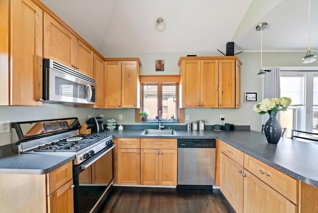 165 Harriet Ave, Quincy, MA 02171 - kitchen with appliances with stainless steel finishes, a peninsula, lofted ceiling, dark wood-style floors, and dark countertops