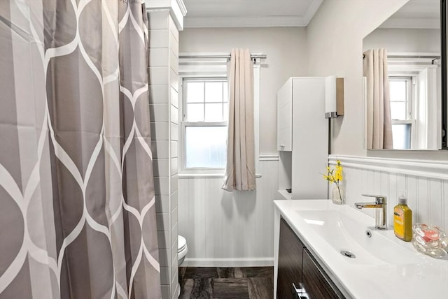 165 Harriet Ave, Quincy, MA 02171 - bathroom with wainscoting, vanity, crown molding, healthy amount of natural light, and a shower with curtain