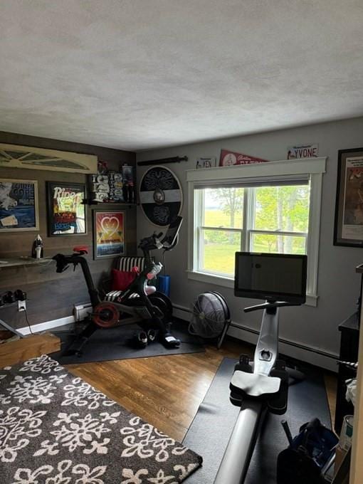 110 Atwell Cir, Marshfield, MA 02050 - workout area featuring a baseboard radiator, wood finished floors, and baseboards
