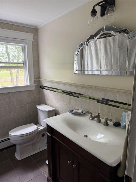 110 Atwell Cir, Marshfield, MA 02050 - half bathroom featuring vanity, tile patterned flooring, toilet, ornamental molding, and tile walls
