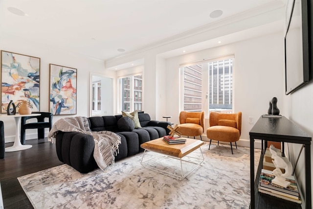 living room with ornamental molding and wood-type flooring