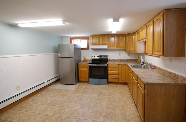 kitchen with appliances with stainless steel finishes, a sink, a wainscoted wall, a baseboard radiator, and under cabinet range hood