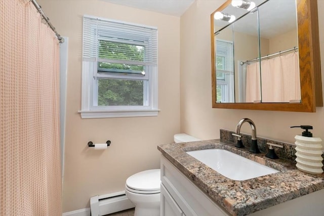15 Crescent St Unit E, Lawrence, MA 01841 - bathroom featuring a baseboard radiator, toilet, vanity, and a shower with curtain
