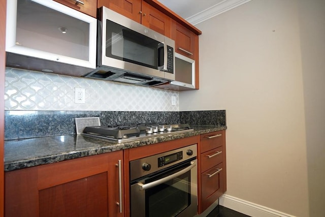 15 N Beacon St Unit 1006, Boston, MA 02134 - kitchen featuring appliances with stainless steel finishes, ornamental molding, tasteful backsplash, brown cabinets, and baseboards