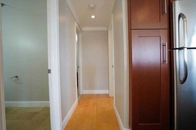 15 N Beacon St Unit 1006, Boston, MA 02134 - hallway featuring crown molding, baseboards, light wood-type flooring, and recessed lighting