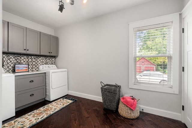 120 Fulton St, Lowell, MA 01850 - laundry area with washer / clothes dryer, cabinet space, baseboards, and dark wood-type flooring